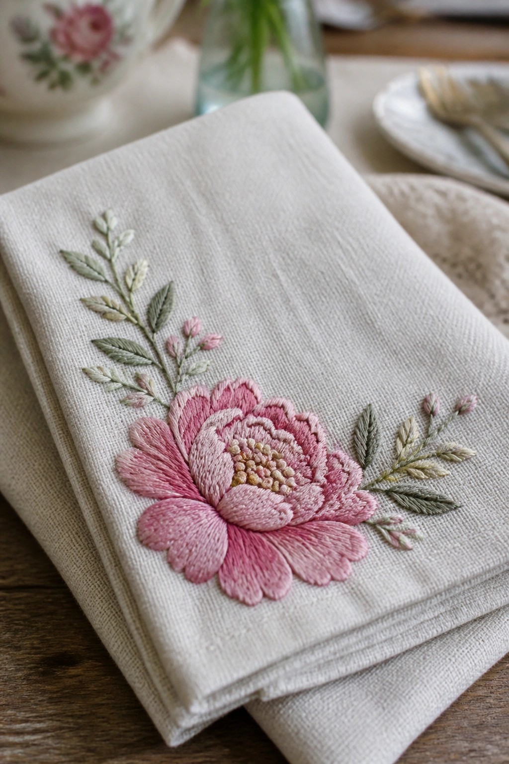 Folded white linen napkin with pink embroidered peony and green leaves