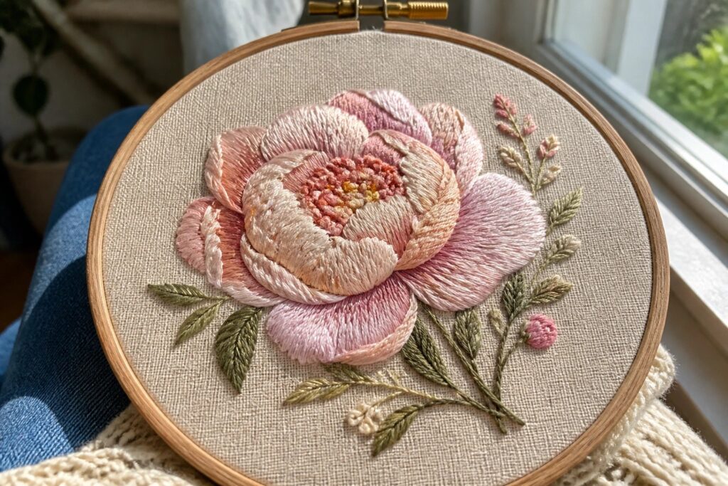 20 Dreamy Peony Embroidery Ideas With Layered Petal Details Pink peony embroidery in wooden hoop on lap with blue jeans and pink sweater