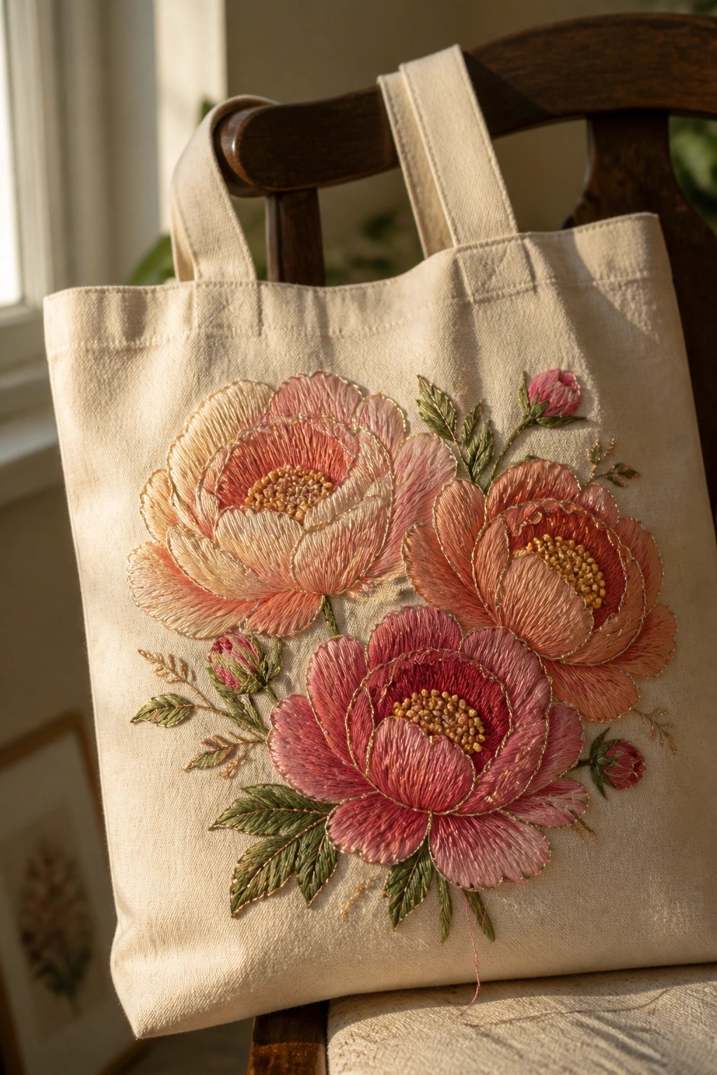 Beige canvas tote bag with pink embroidered peonies on wooden chair in sunlight.