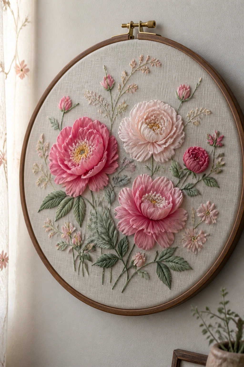 Embroidered pink peonies with green leaves in a wooden hoop on fabric.