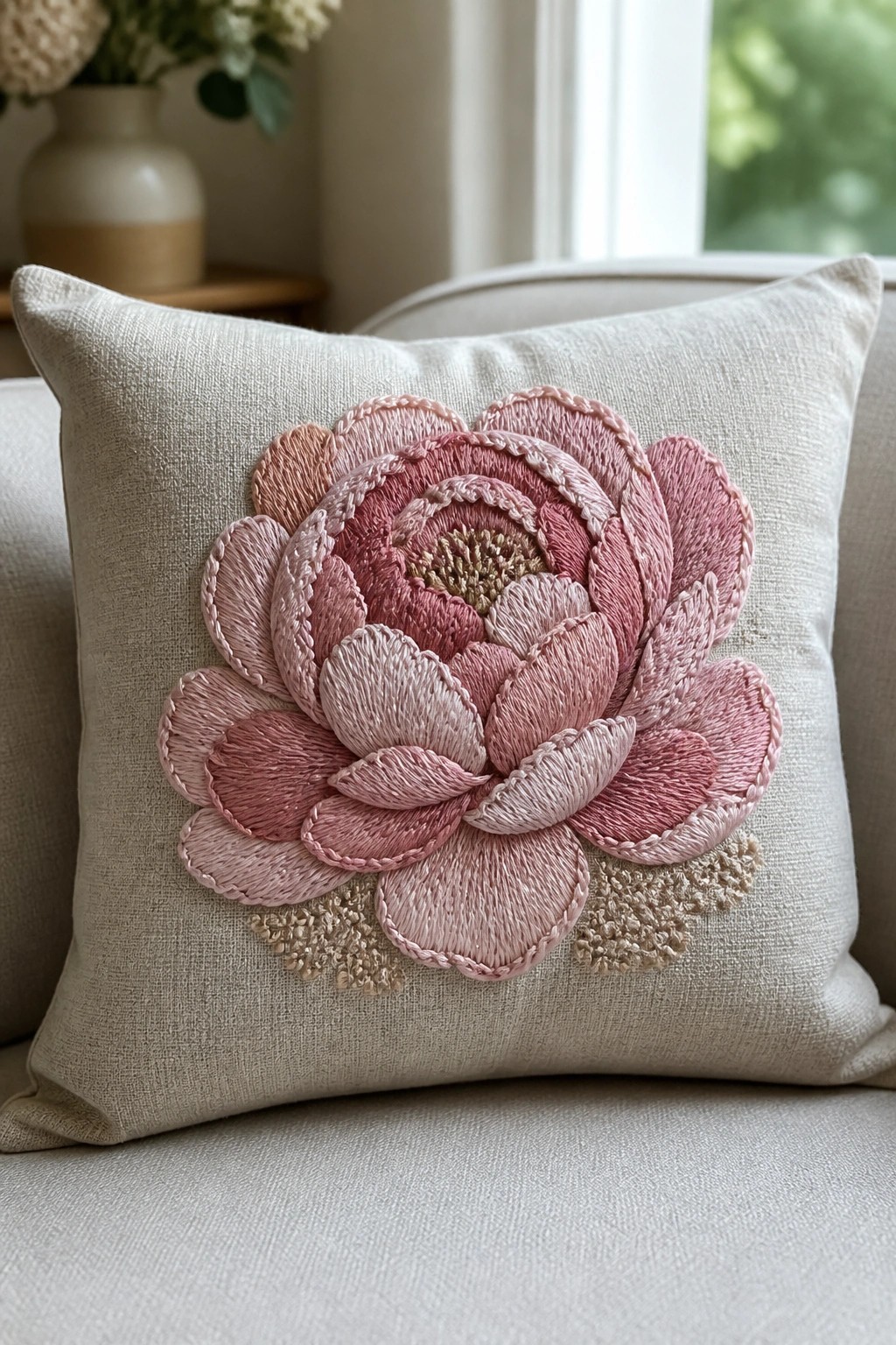 A light beige pillow with a large pink embroidered peony centered on the front.