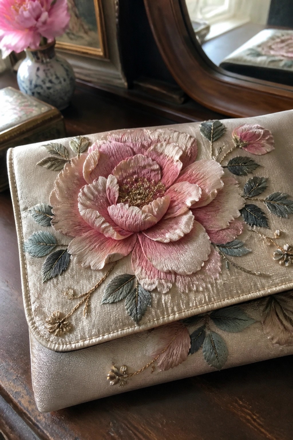 Beige satin clutch with large pink embroidered peony and gold accents