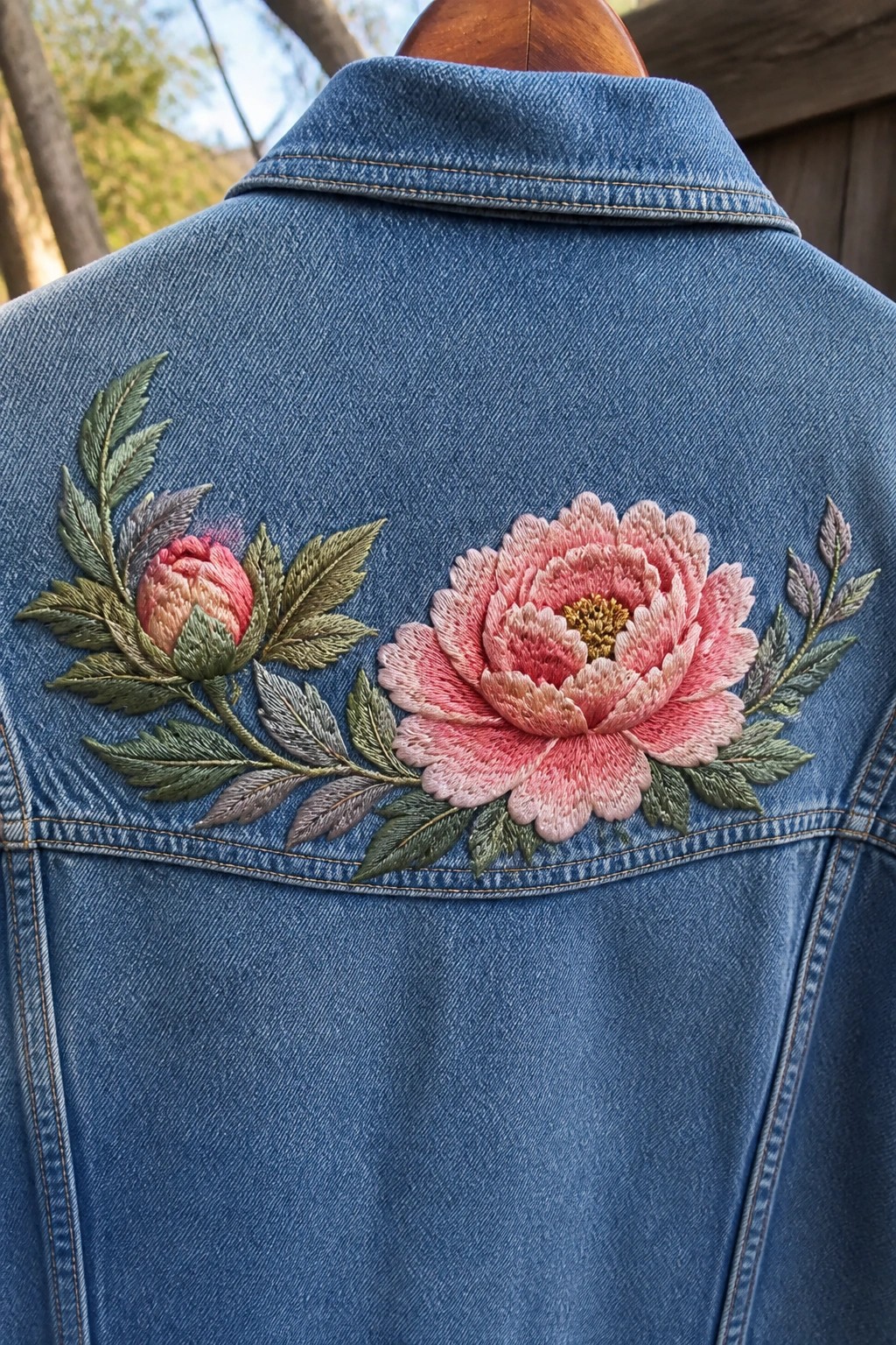 Denim jacket back with two embroidered pink peonies and green leaves across the upper panel.