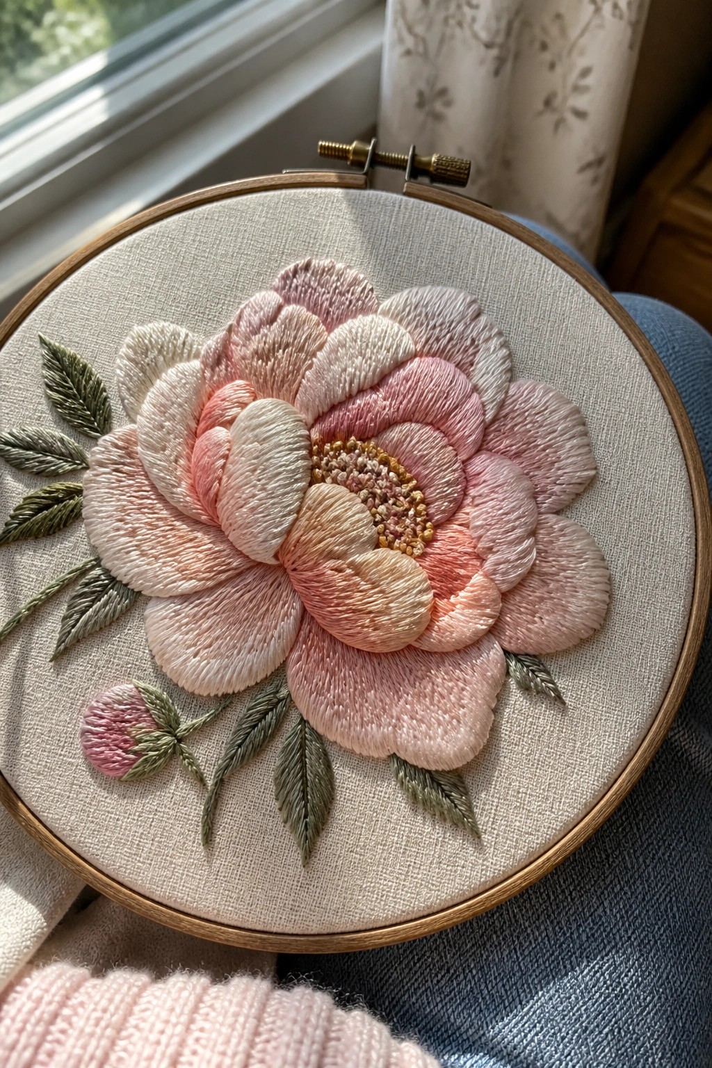 Pink peony embroidery in wooden hoop on lap with blue jeans and pink sweater