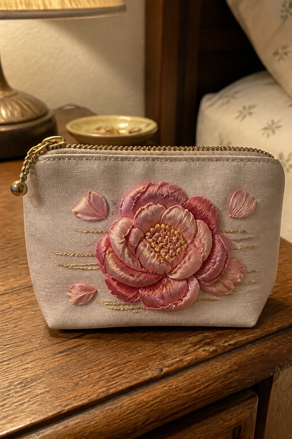 Beige zippered pouch with large pink embroidered peony and gold chain pull on wood