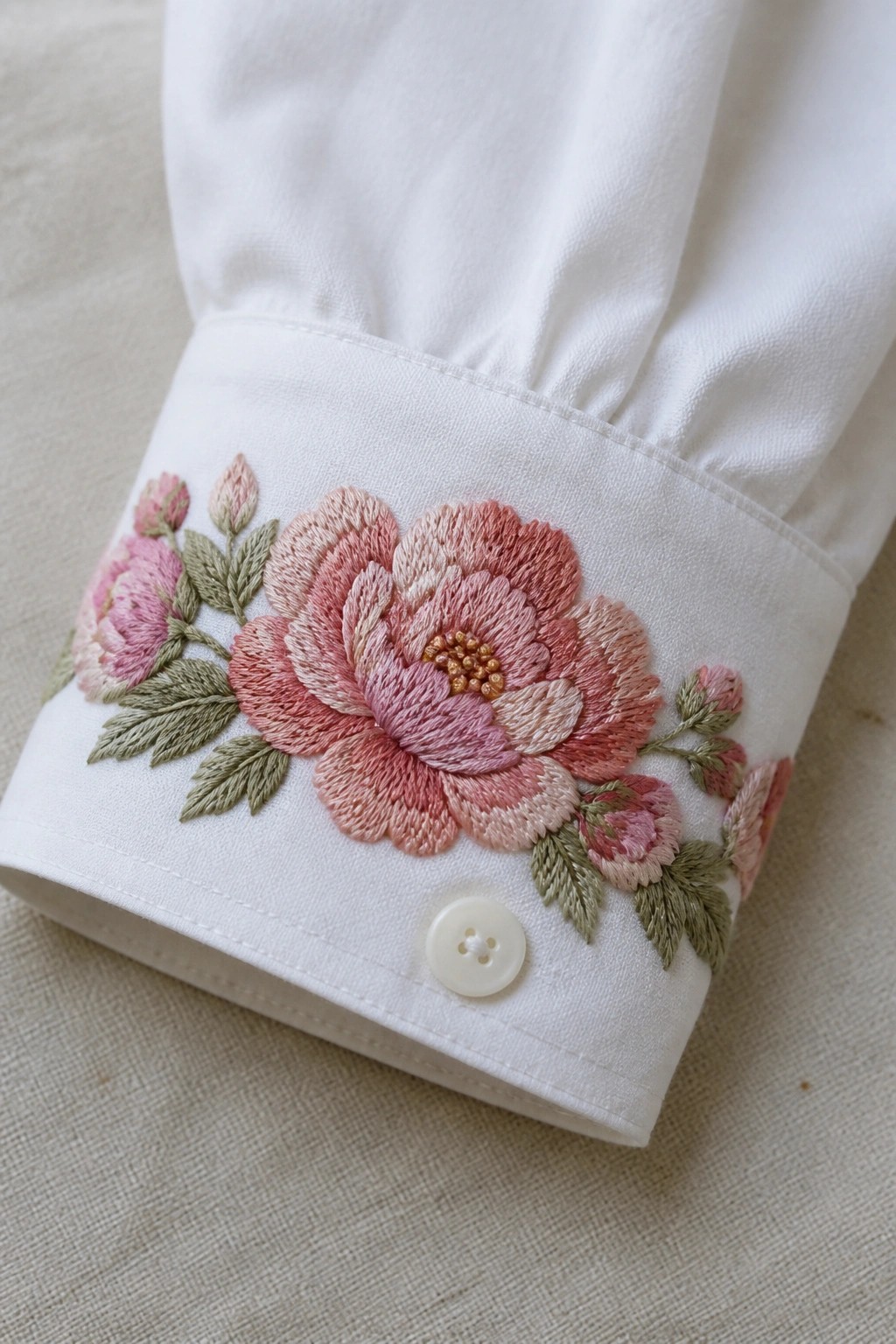 White shirt cuff with pink floral embroidery, green leaves, and white button.