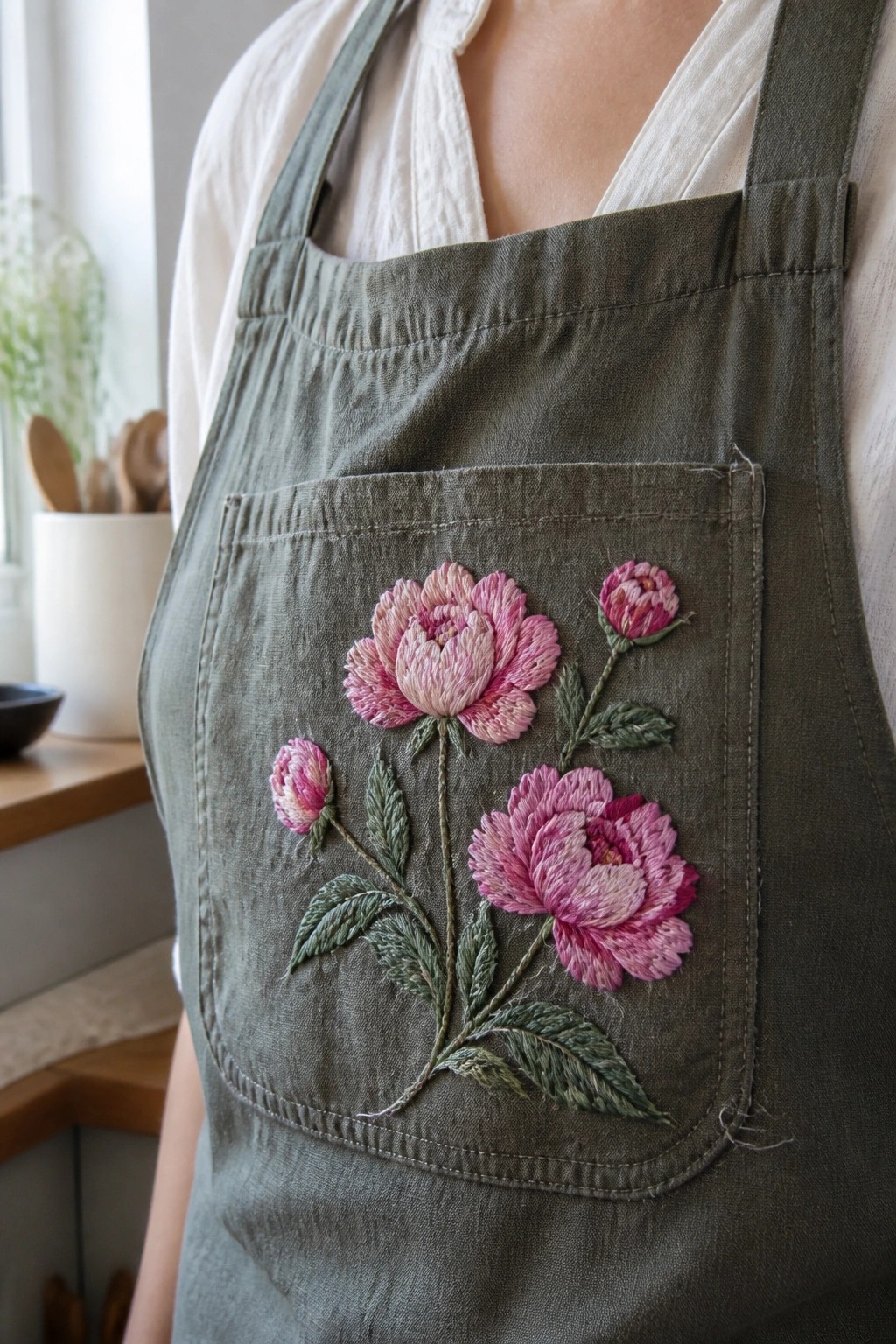Green apron with pink peony embroidery on front pocket.