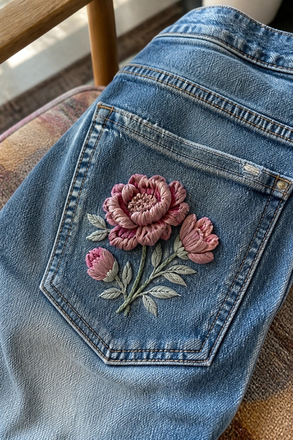 Blue denim jeans back pocket with pink embroidered flowers and green leaves.
