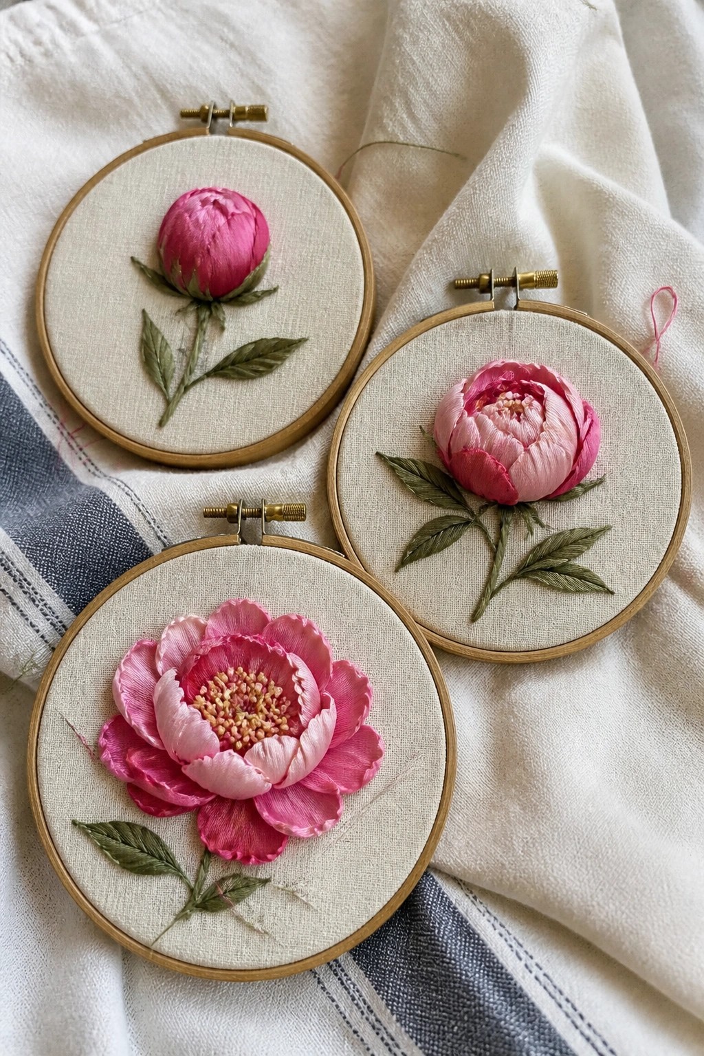 Three wooden hoops with pink peony embroideries on white fabric.