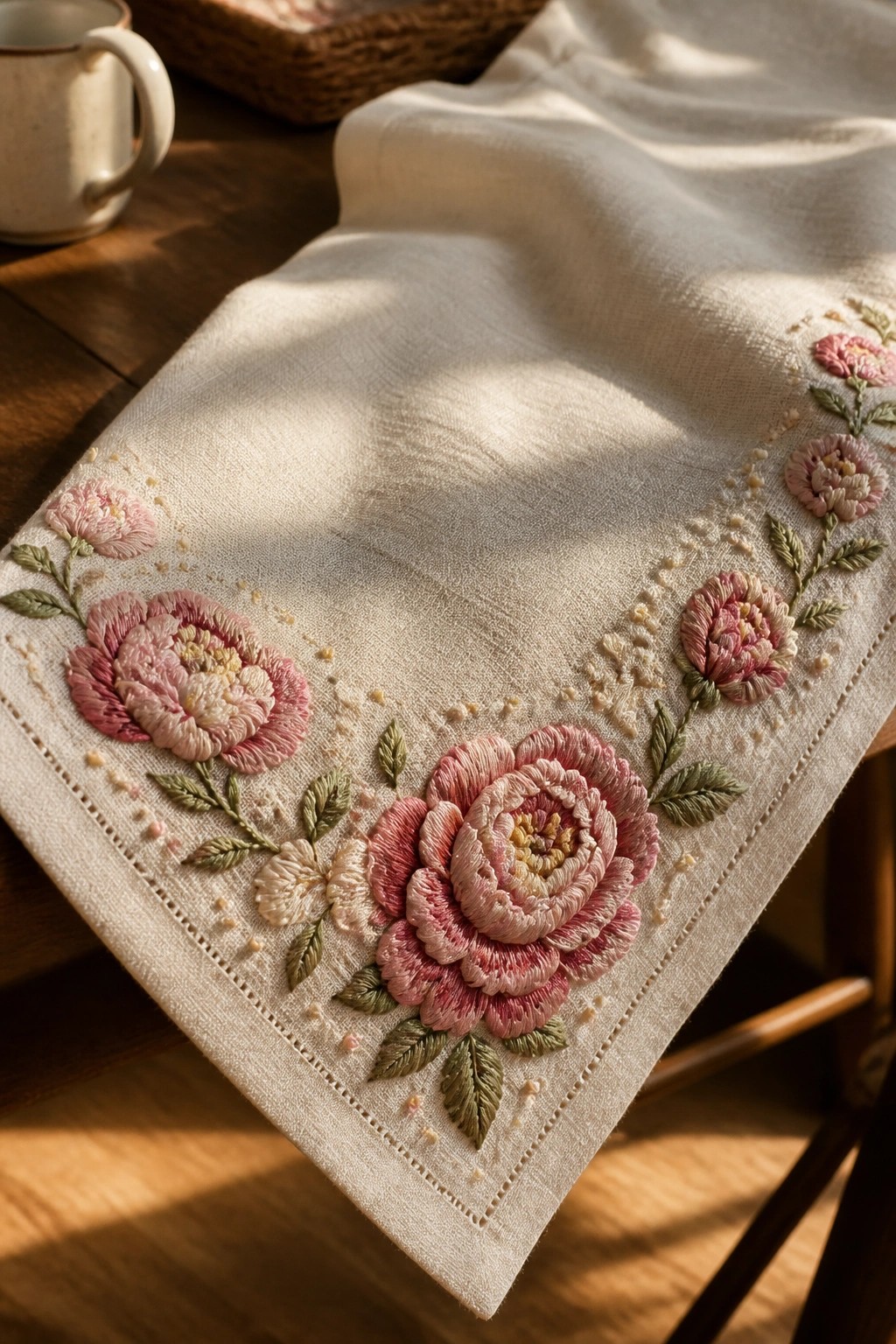 White linen runner with pink floral embroidery and green leaves on wooden table.
