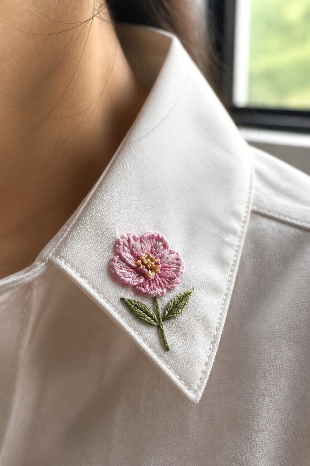 A close-up of a pink embroidered peony with layered petals and green leaves on the collar of a white shirt.