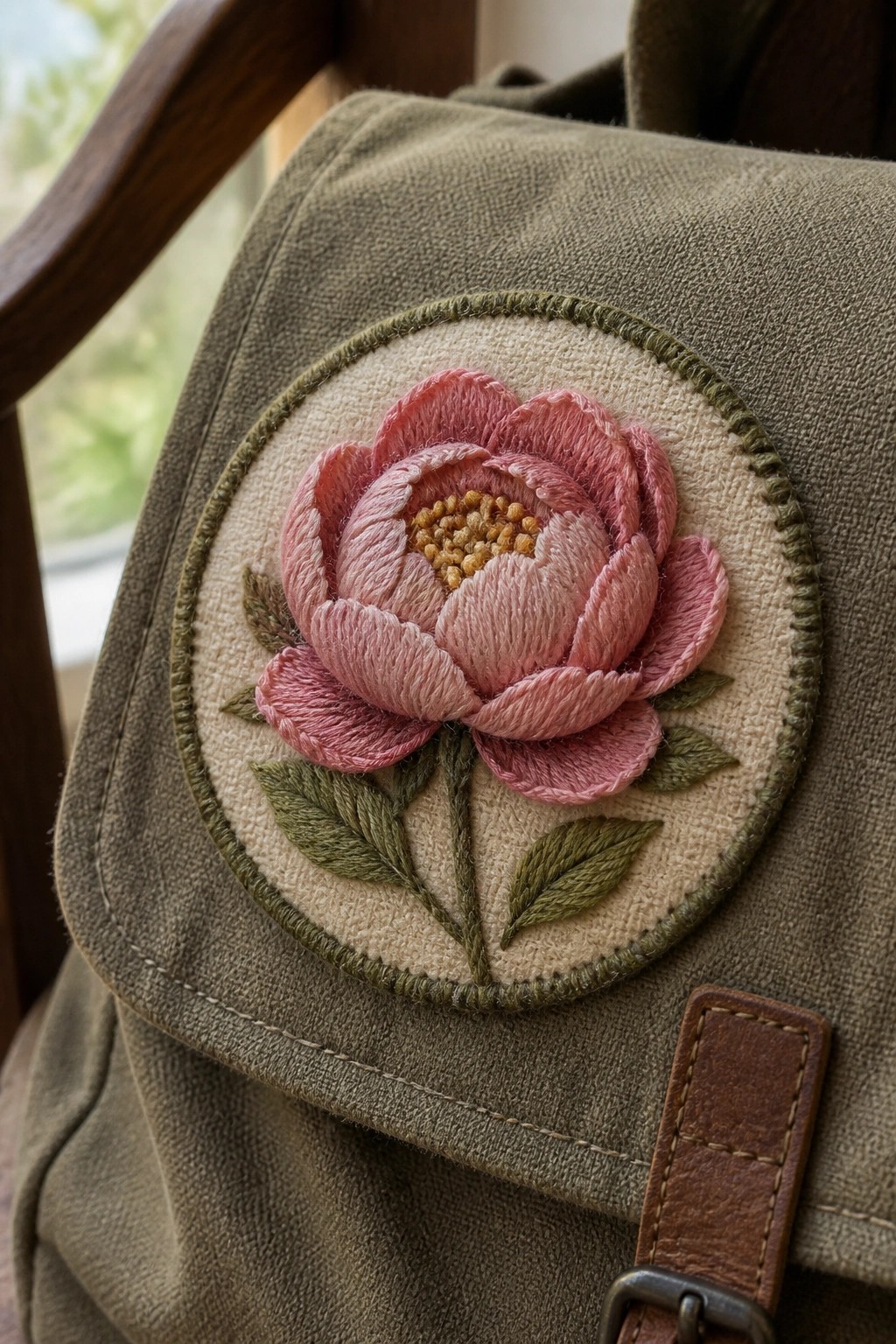 Embroidered pink peony on beige patch of olive green canvas bag with leather strap