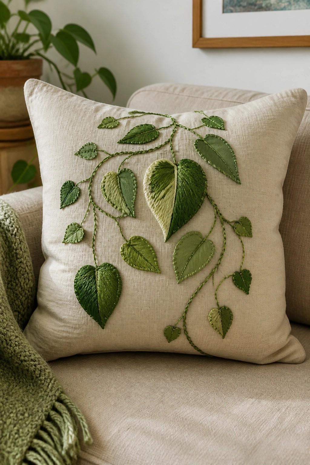 Beige cushion embroidered with detailed green leaves and vines on a sofa.