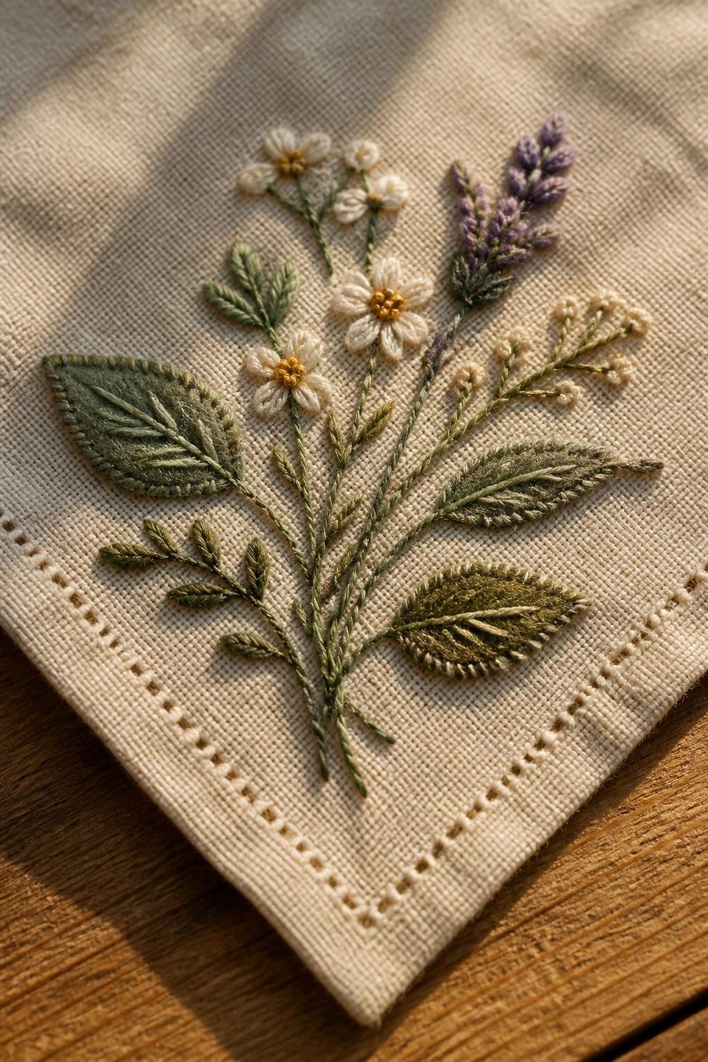 Embroidered white daisies, purple lavender, and green leaves on beige linen fabric.