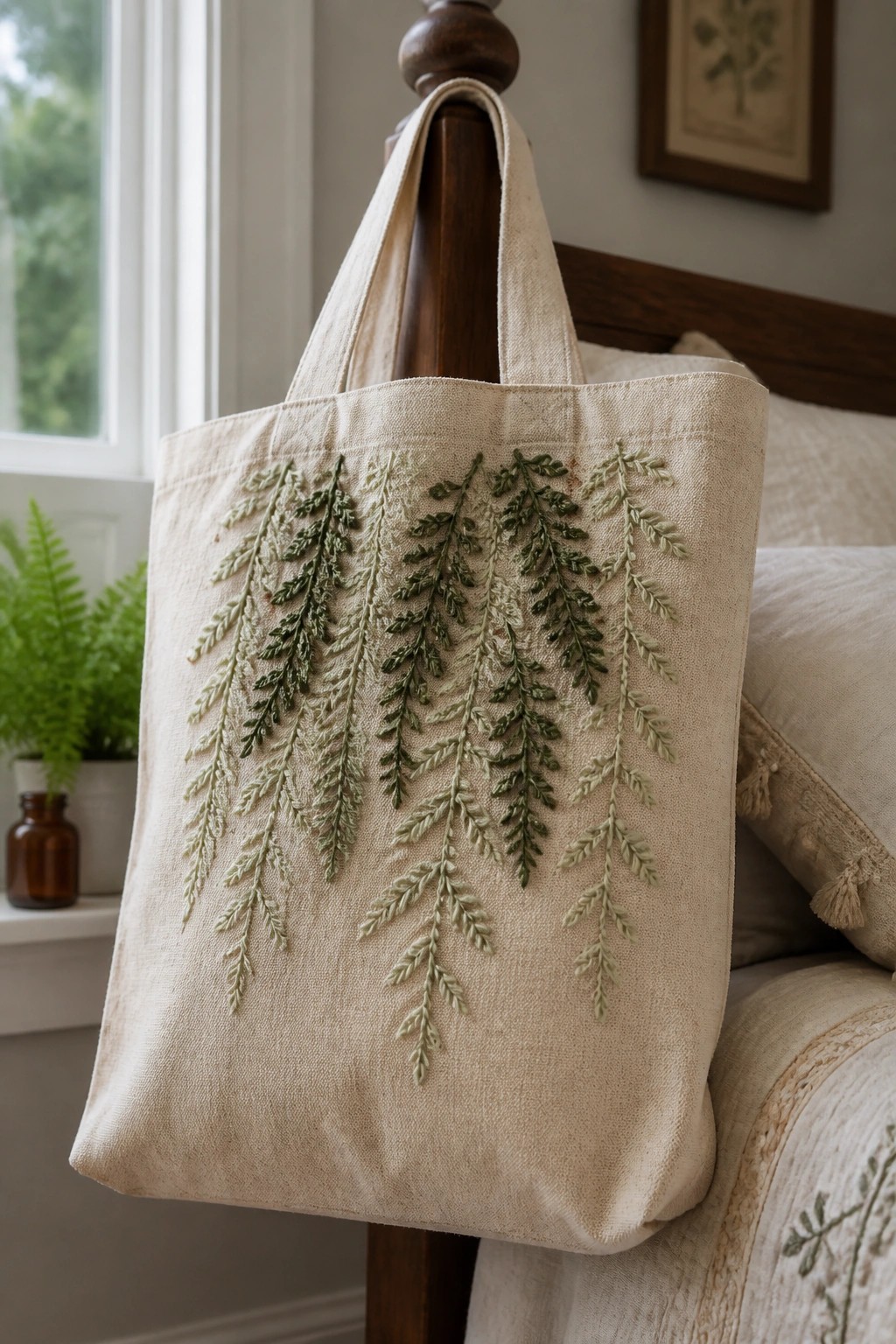 A beige canvas tote bag with multiple hanging green embroidered fronds on the front.