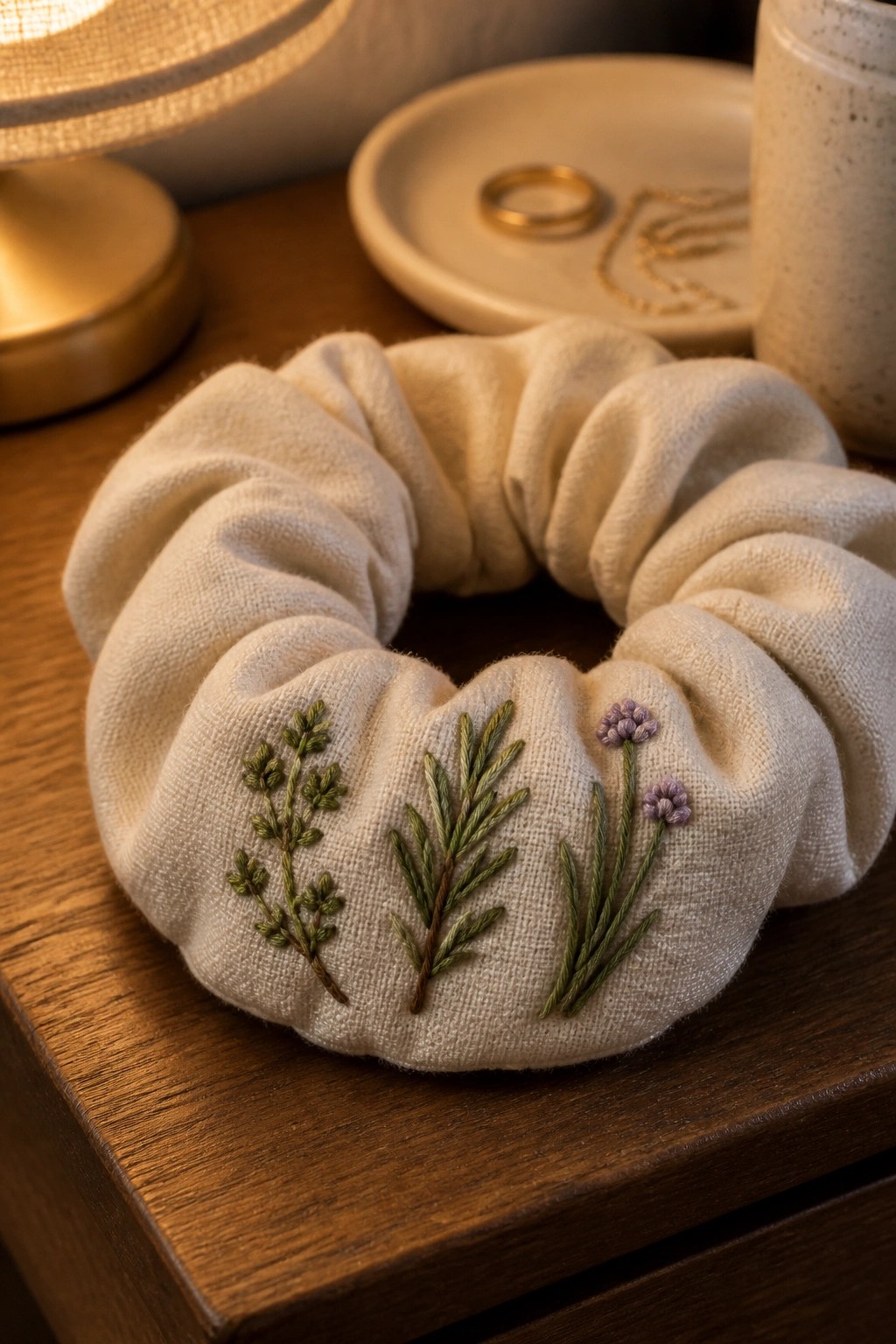 Embroidered cream scrunchie with green herbs and purple flowers on wooden table