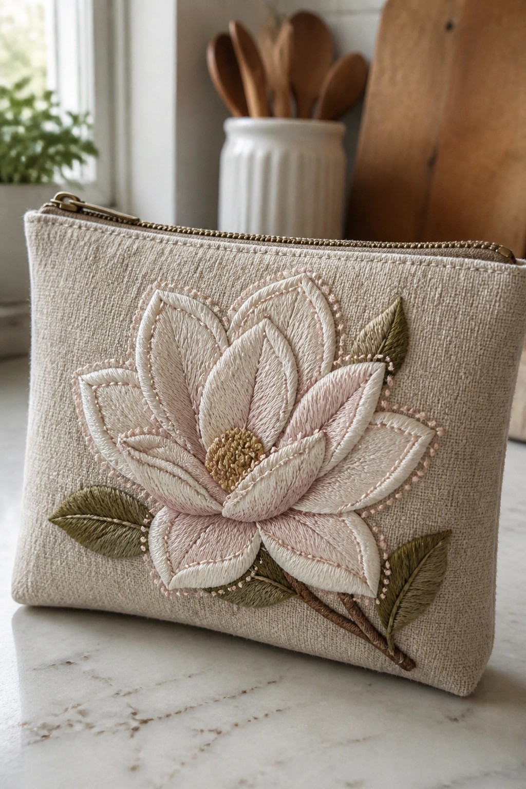 Beige zippered pouch with pink embroidered magnolia flower and green leaves on marble.