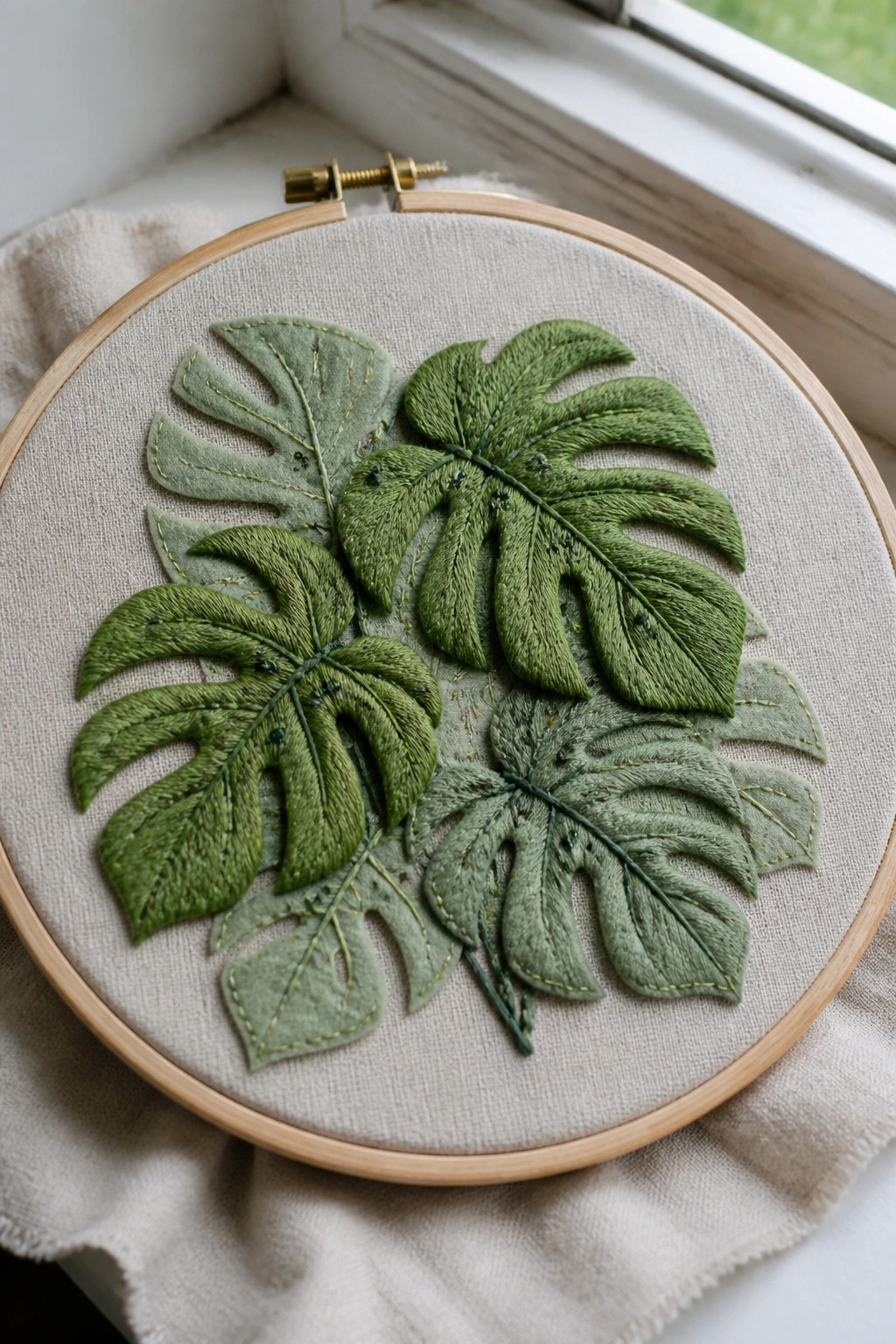 Green embroidered monstera leaves in wooden hoop on windowsill fabric