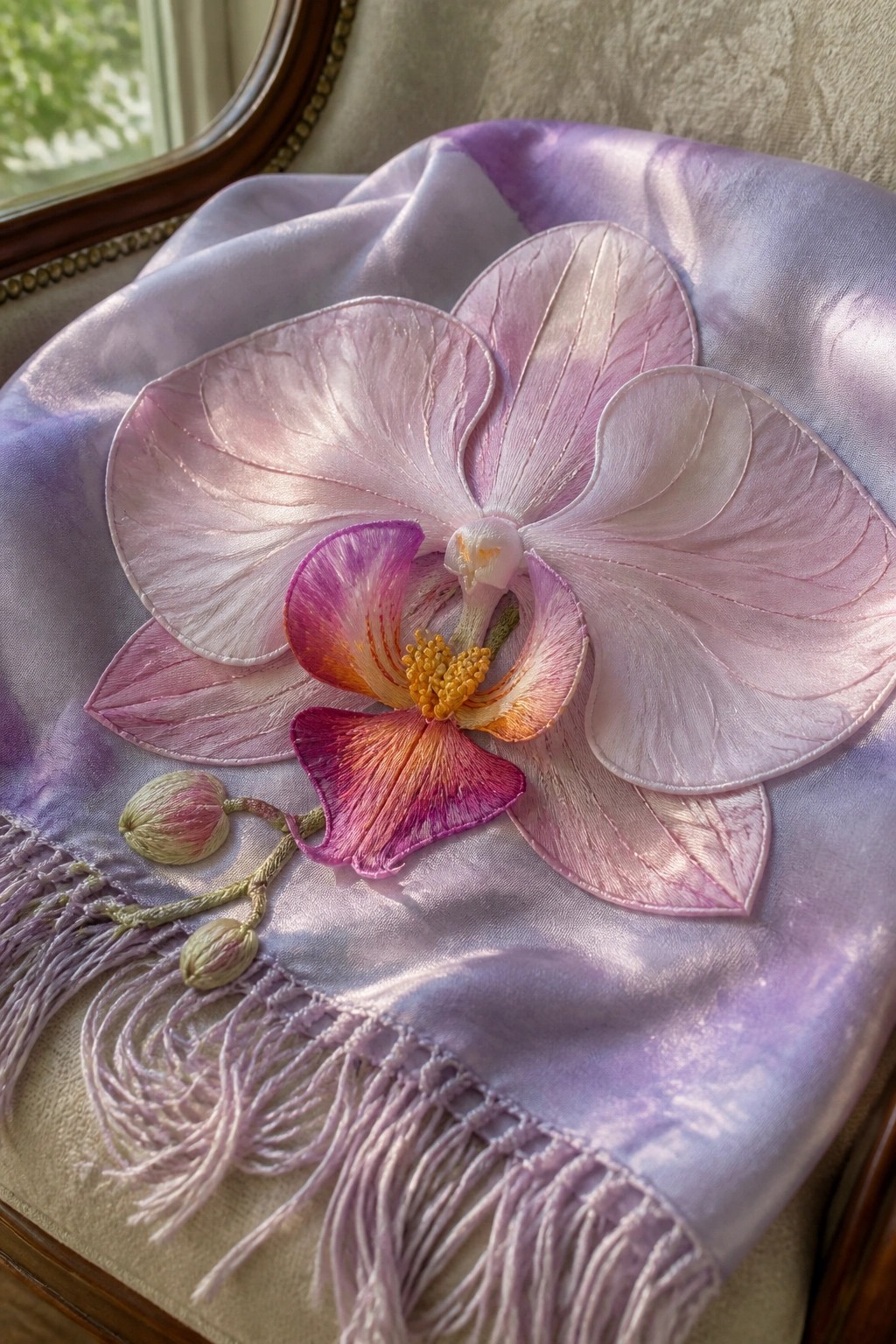 Intricate pink-purple embroidered orchid on lavender satin fabric with fringe