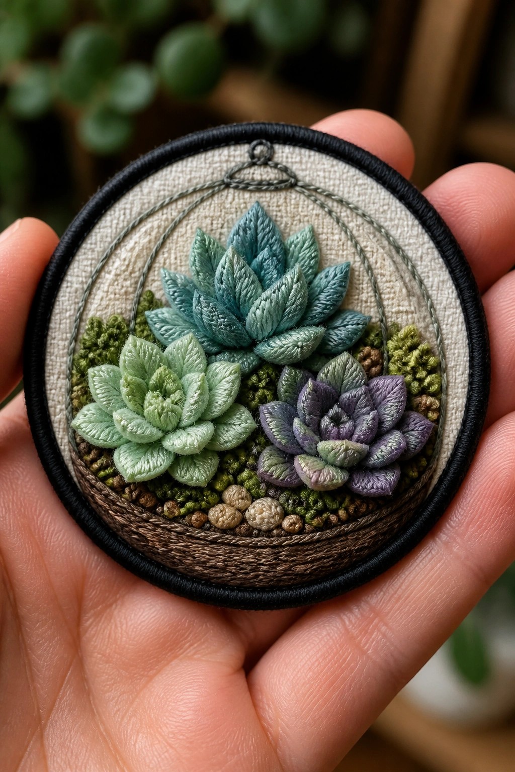 Hand holding circular embroidery of teal, green, and purple succulents in frame.