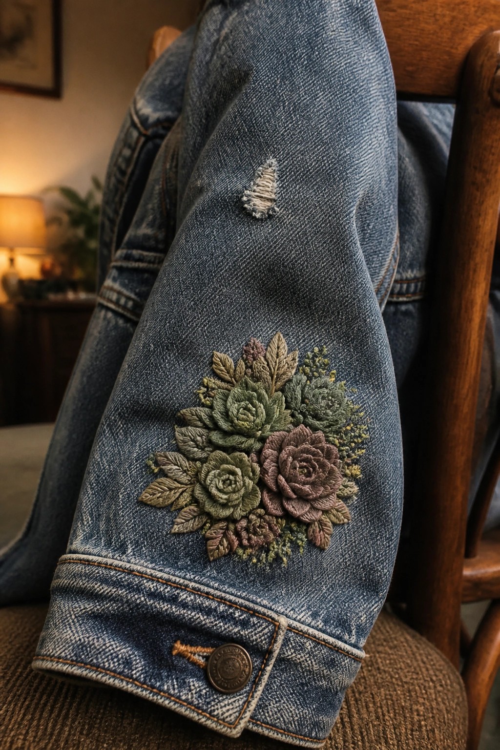 Blue denim jacket sleeve with floral embroidery, small rip, and cuff button on chair