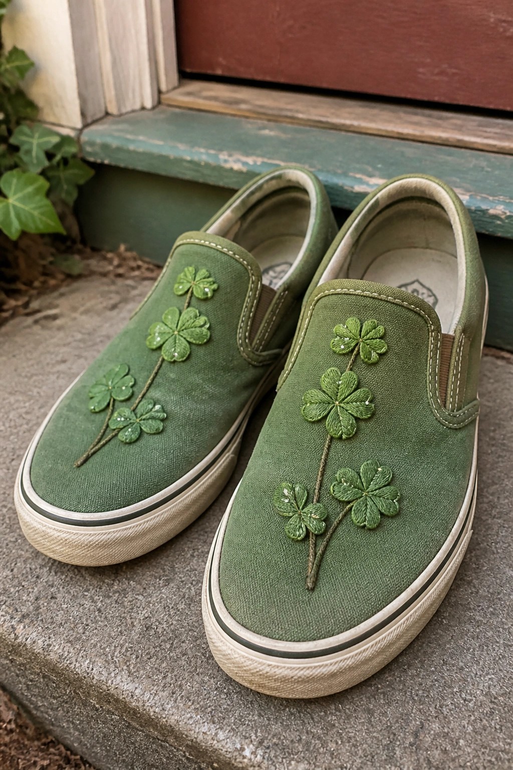 Green slip-on sneakers with embroidered four-leaf clovers on stone steps
