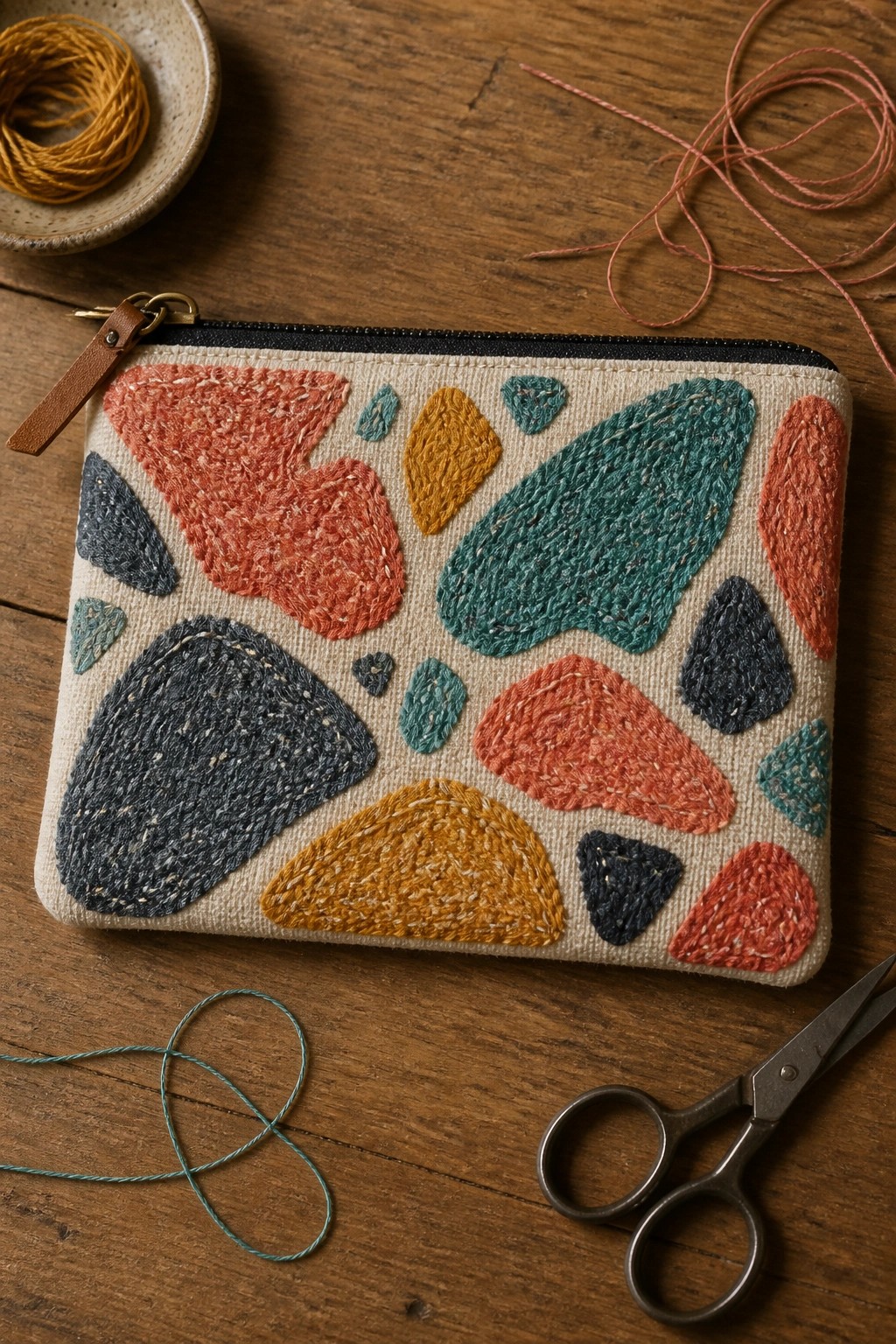 Embroidered zippered pouch with colorful abstract shapes beside threads and scissors on wood