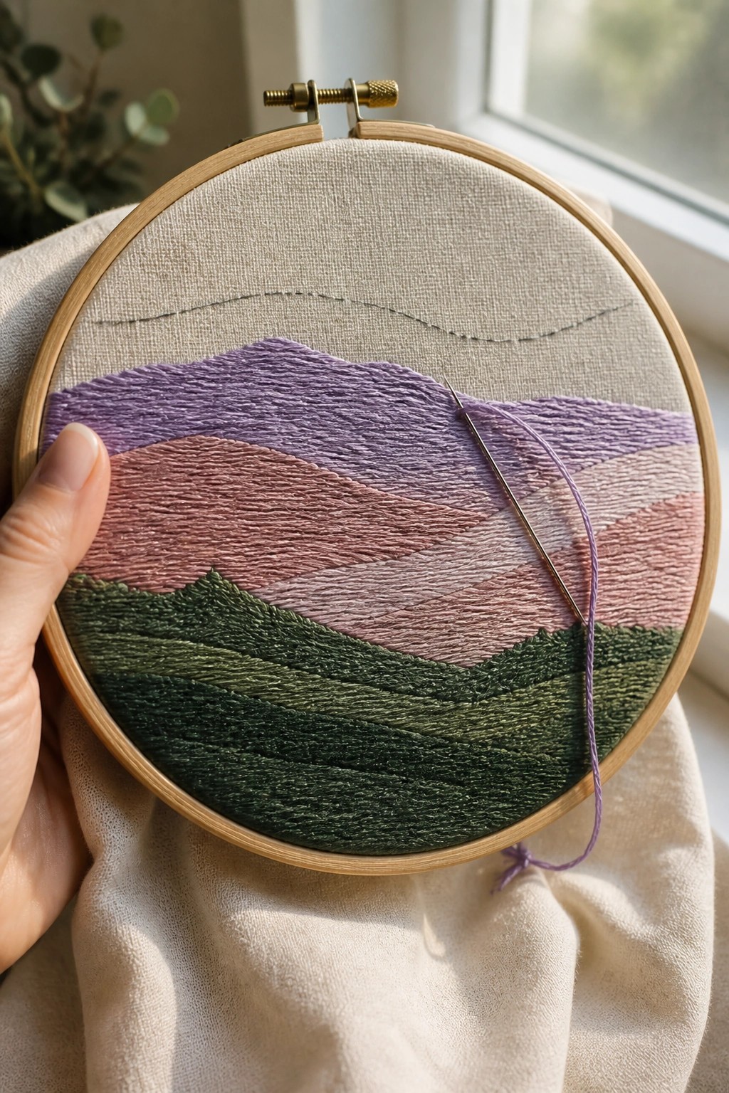 Hand holds embroidery hoop with purple pink green landscape stitching and needle