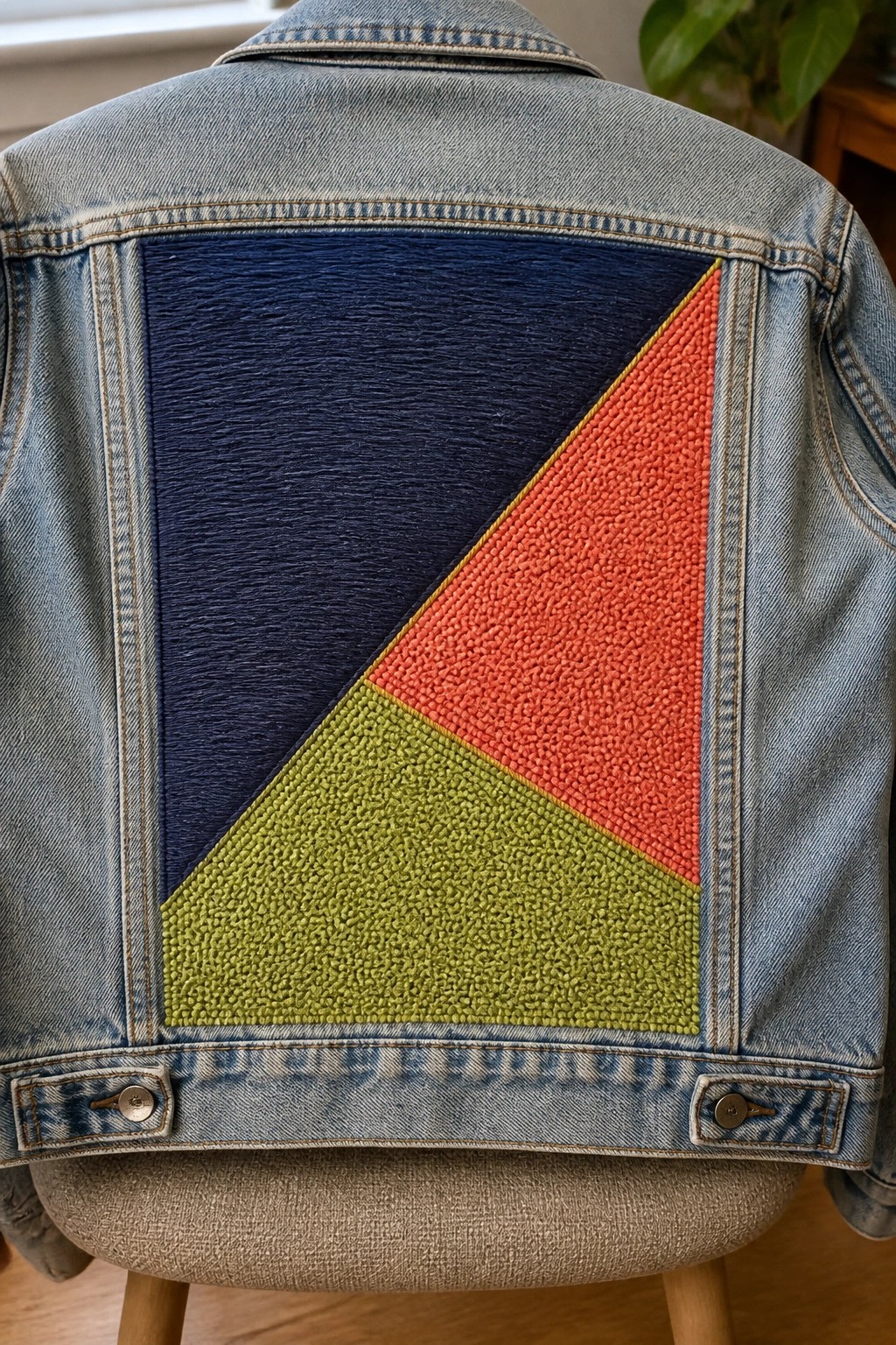 Denim jacket back with triangular patchwork in dark blue, orange, and lime green.