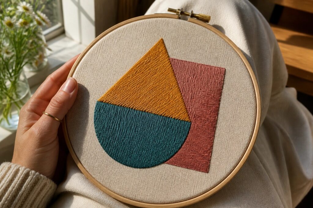 20 Eye-Catching Modern Abstract Embroidery Designs With Color Blocking Hand holding hoop with yellow triangle, pink rectangle, teal semicircle embroidery on fabric