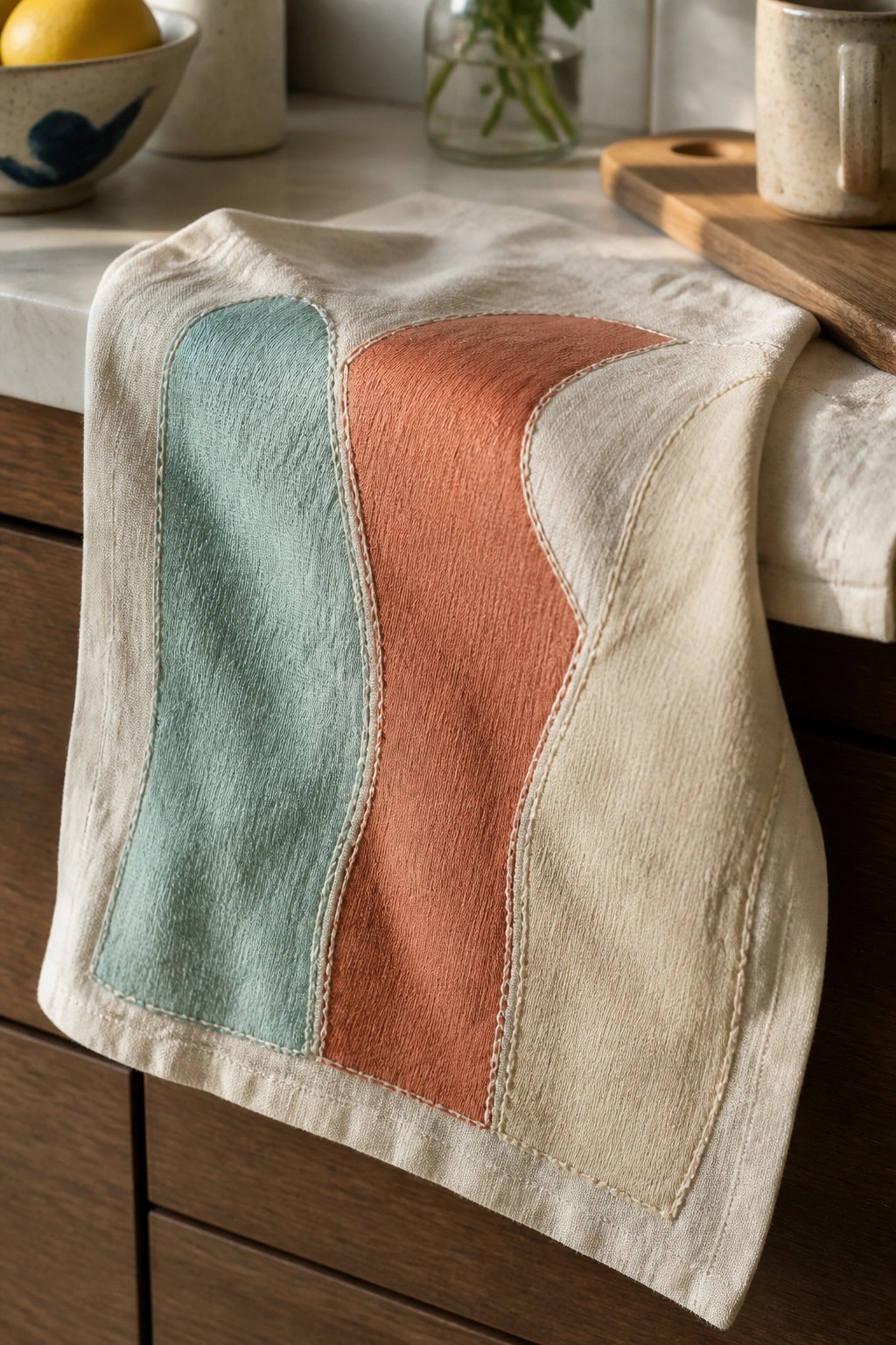 Beige towel with teal and terracotta curved patches on kitchen countertop