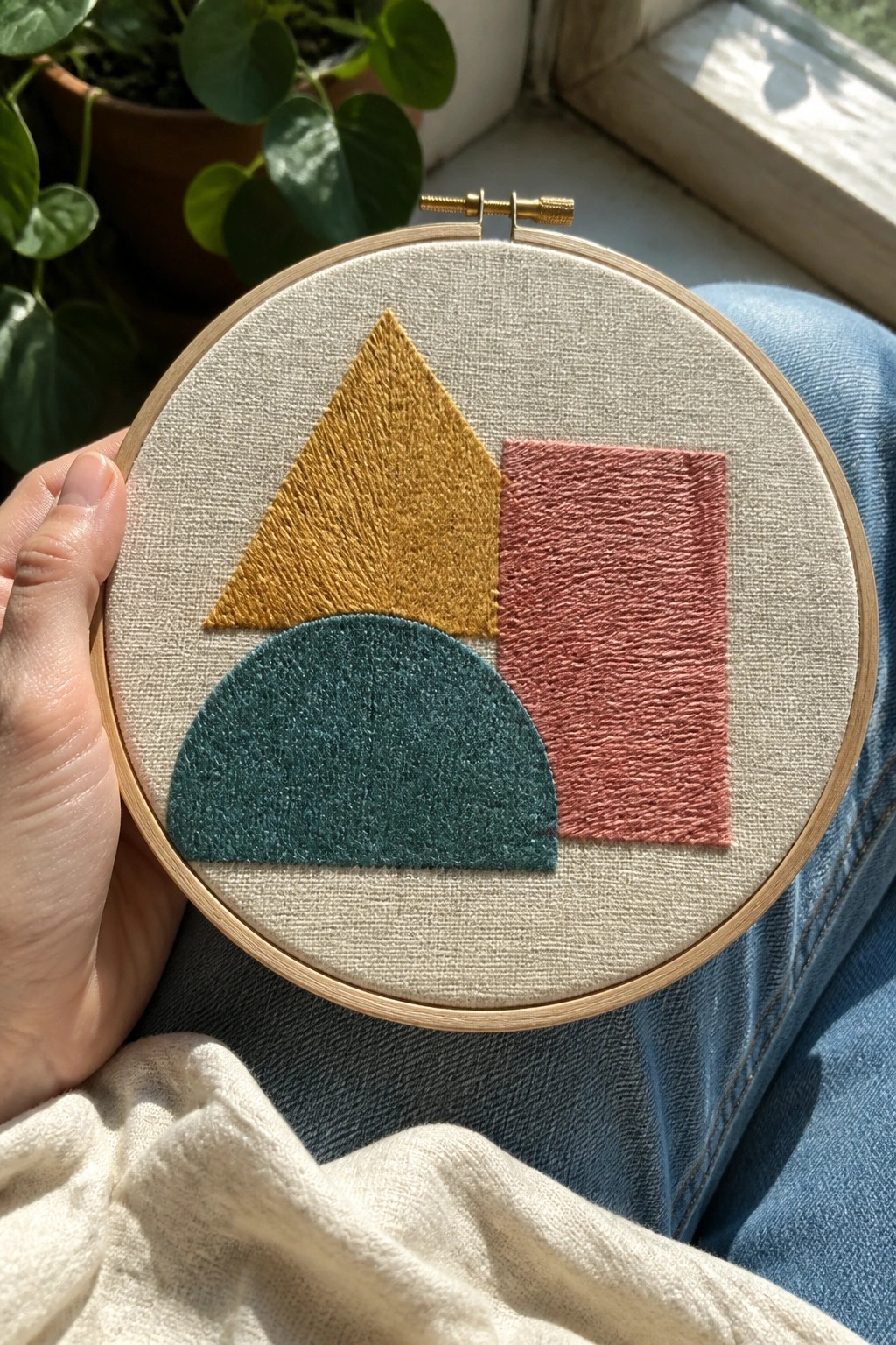 Hand holding hoop with yellow triangle, pink rectangle, teal semicircle embroidery on fabric