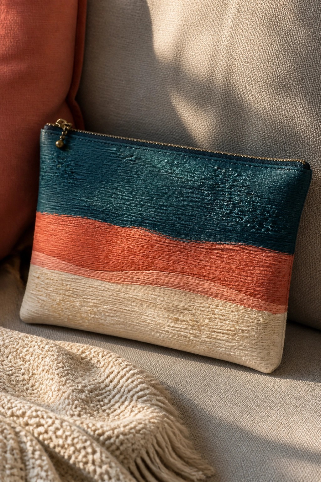 Teal, coral, and cream striped zip pouch on neutral couch with throw.