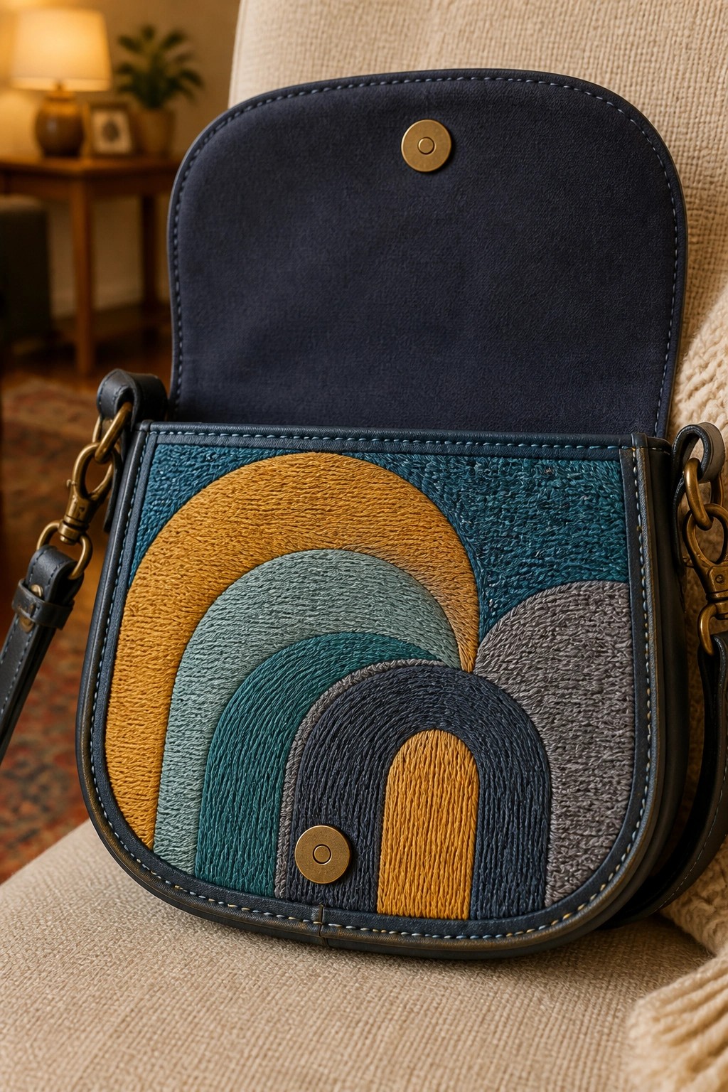 Open navy crossbody bag with colorful arched geometric pattern on beige chair