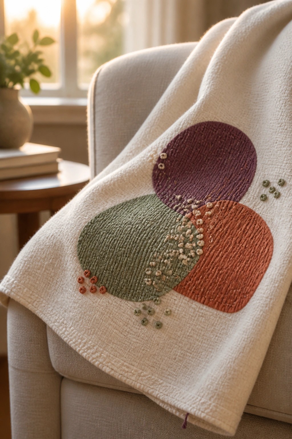 White textured blanket with purple, green, and rust embroidered circles on beige armchair