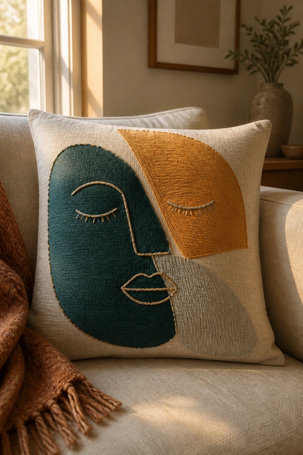 Embroidered abstract face pillow in teal, mustard, and beige on couch