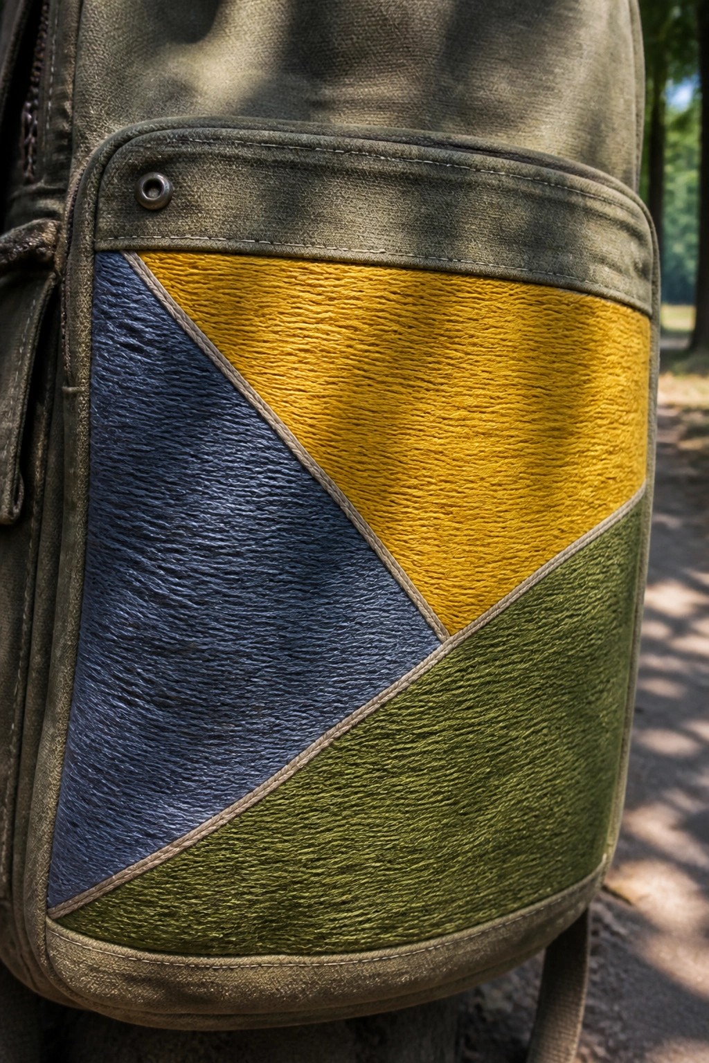 Olive canvas backpack pocket with blue, yellow, and green geometric leather patches.