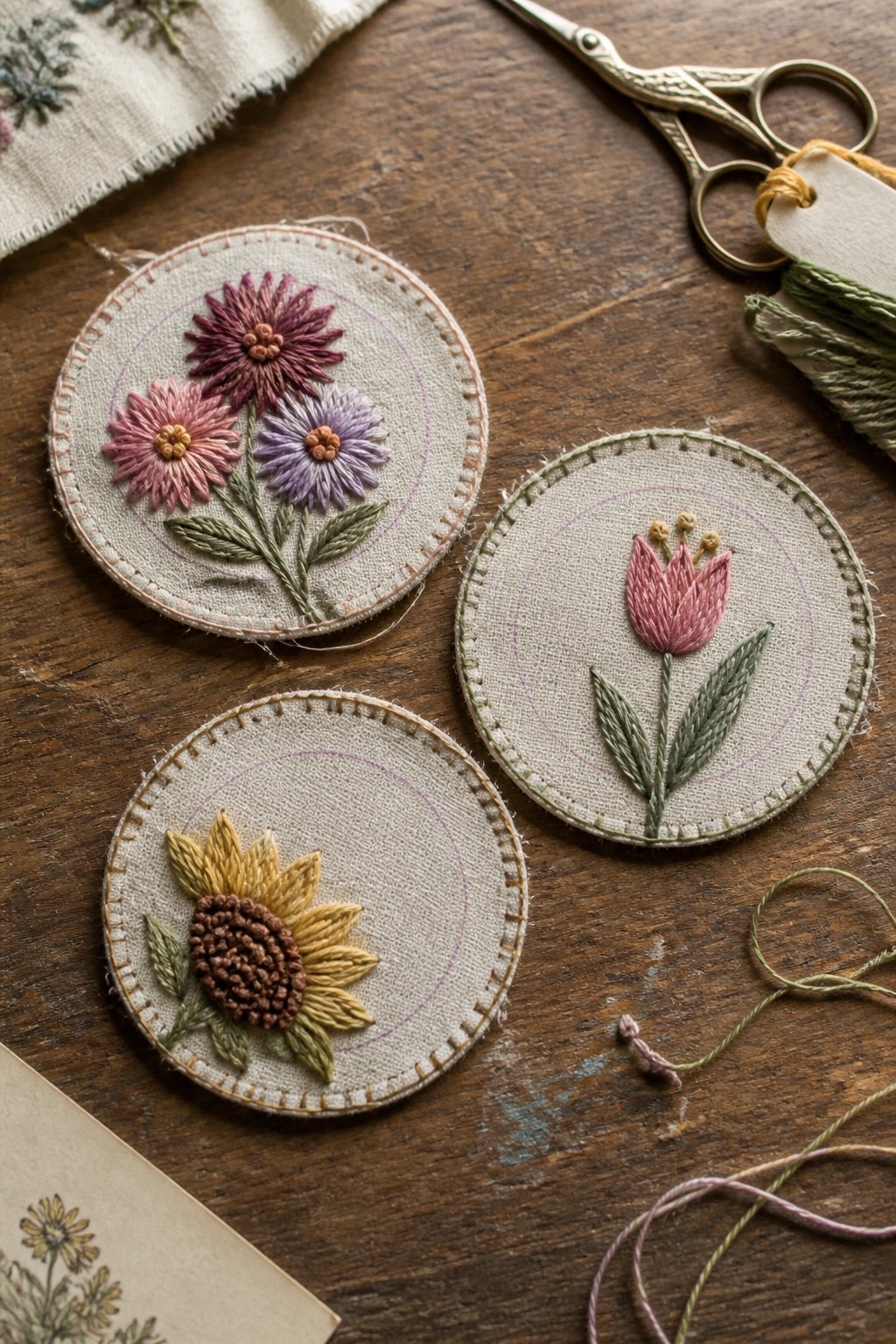 Three round embroidered fabric patches on wood display a trio of daisies, a sunflower, and a tulip, each with French knot centers.