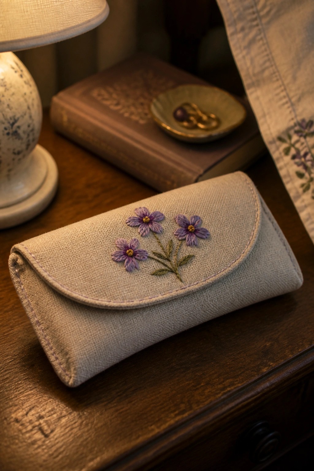 Beige pouch embroidered with purple flowers on wooden table near lamp and book