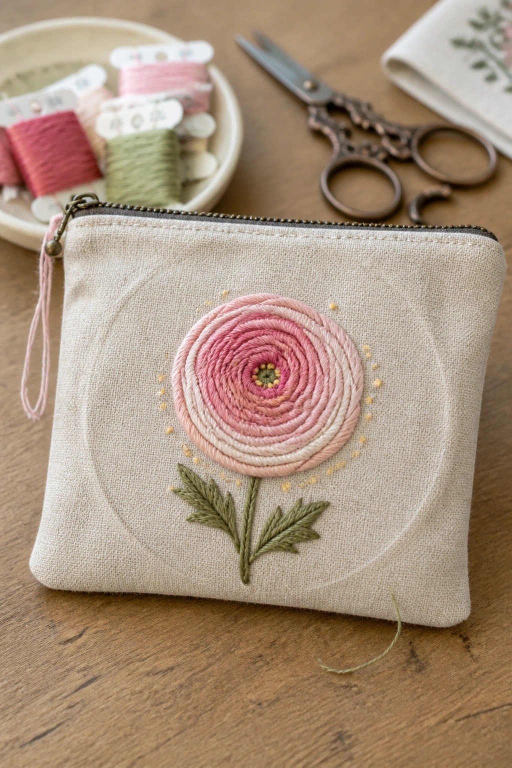 Embroidered beige pouch with pink flower, green leaves, near scissors and thread spools.