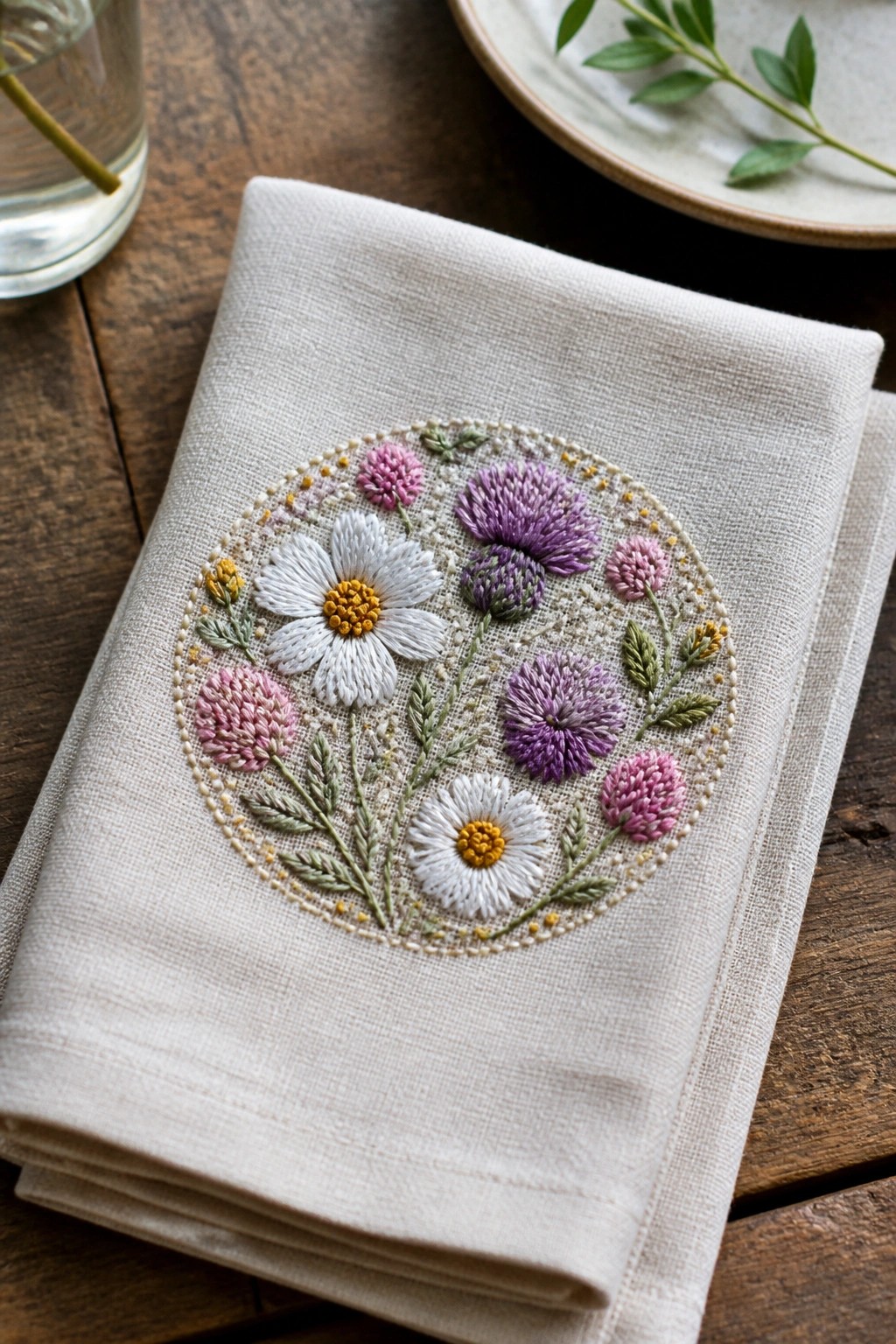 Cream linen napkin with pink, purple, and white floral embroidery on wood table