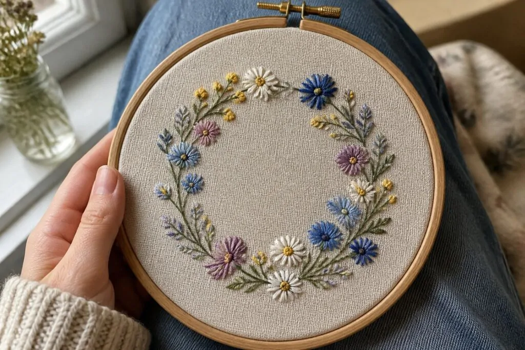 20 Gorgeous Flower Embroidery Designs Using French Knot Details Hands holding embroidery hoop with floral wreath over blue jeans and cream sweater.
