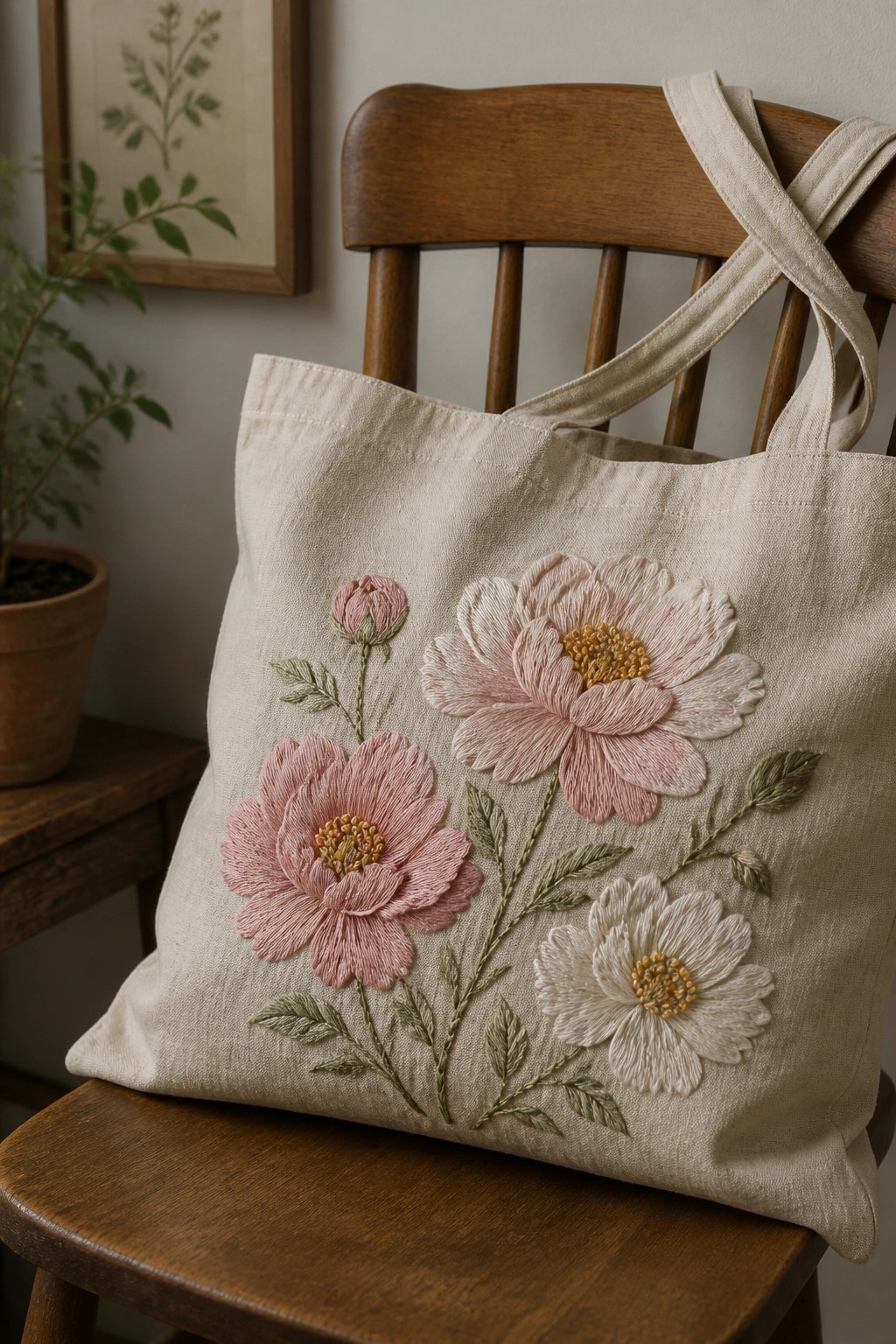 Embroidered beige tote bag with pink and white flowers on wooden chair