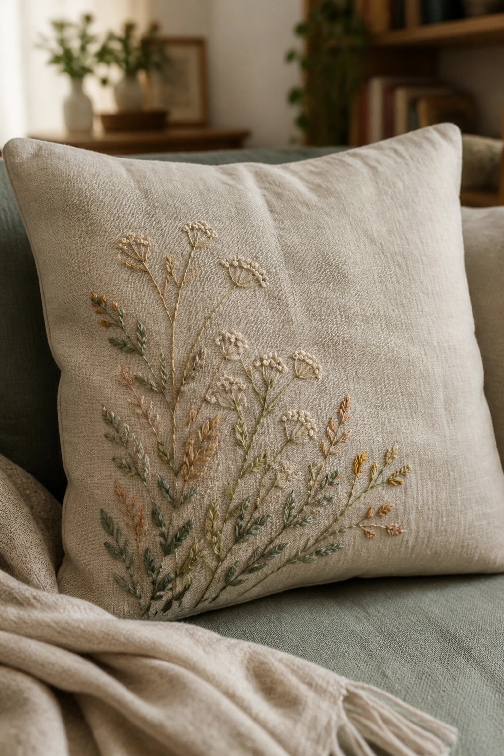 Embroidered beige linen pillow with wildflower motifs on a couch with blanket