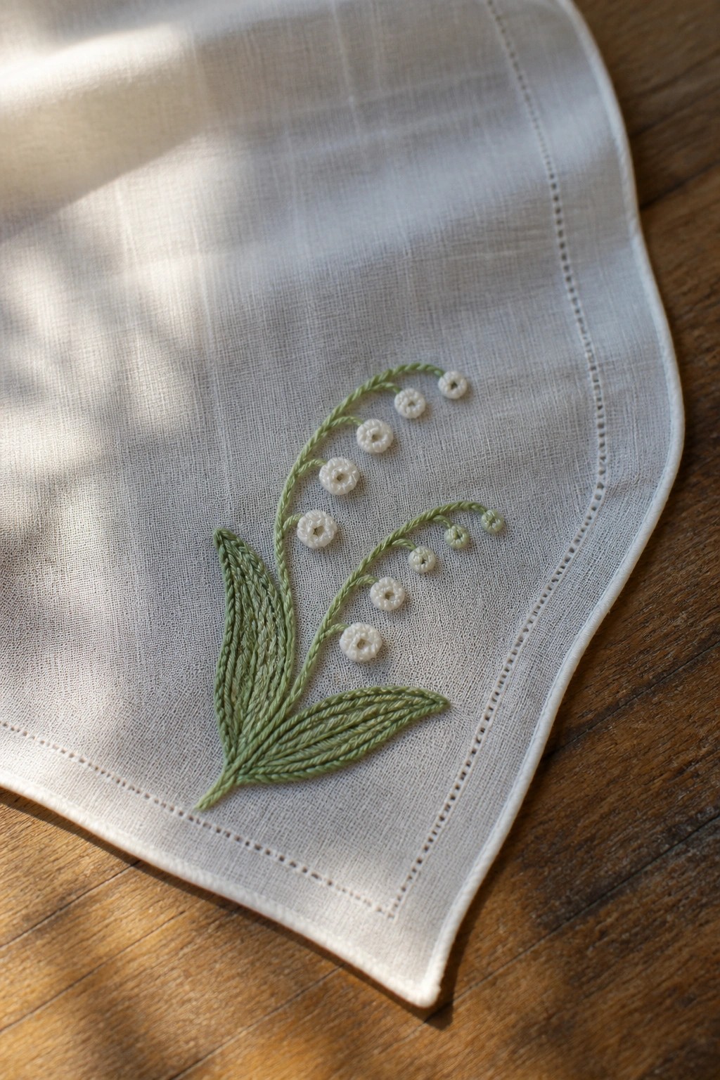 White handkerchief embroidered with lily of the valley flowers and green leaves on wood