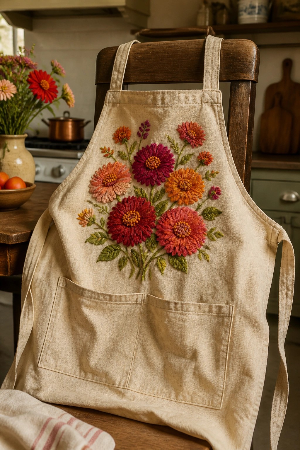 Beige apron with vibrant red and orange floral embroidery on wooden chair