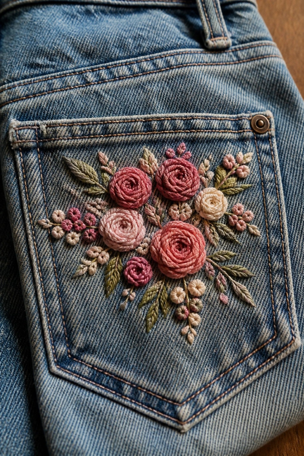 Close-up of pink and red rose embroidery with green leaves on a blue denim jeans pocket.