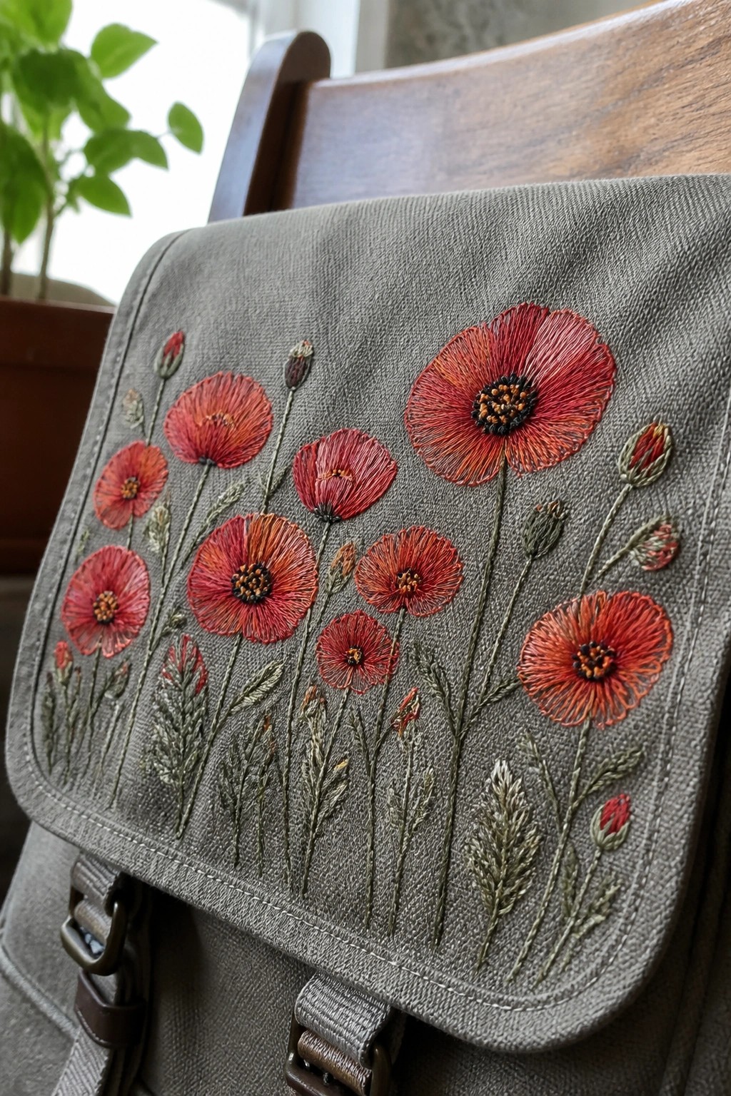 Gray canvas bag embroidered with red poppies, buds, and green stems and leaves