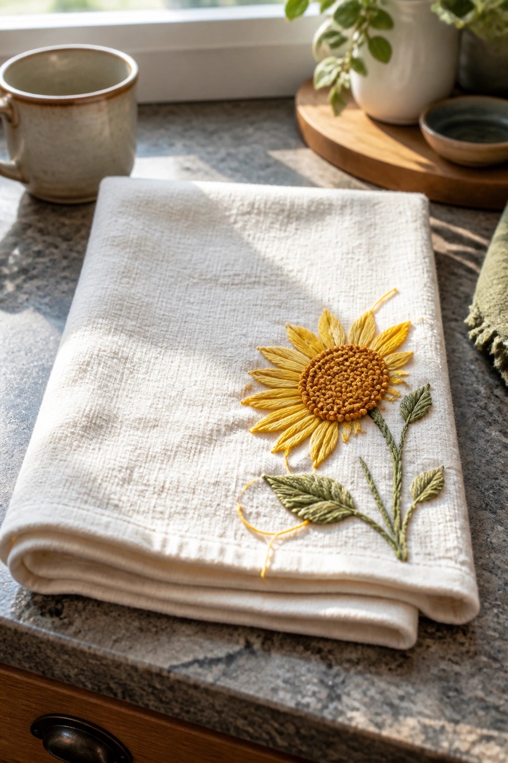 Folded white napkin with yellow sunflower embroidery on marble kitchen counter