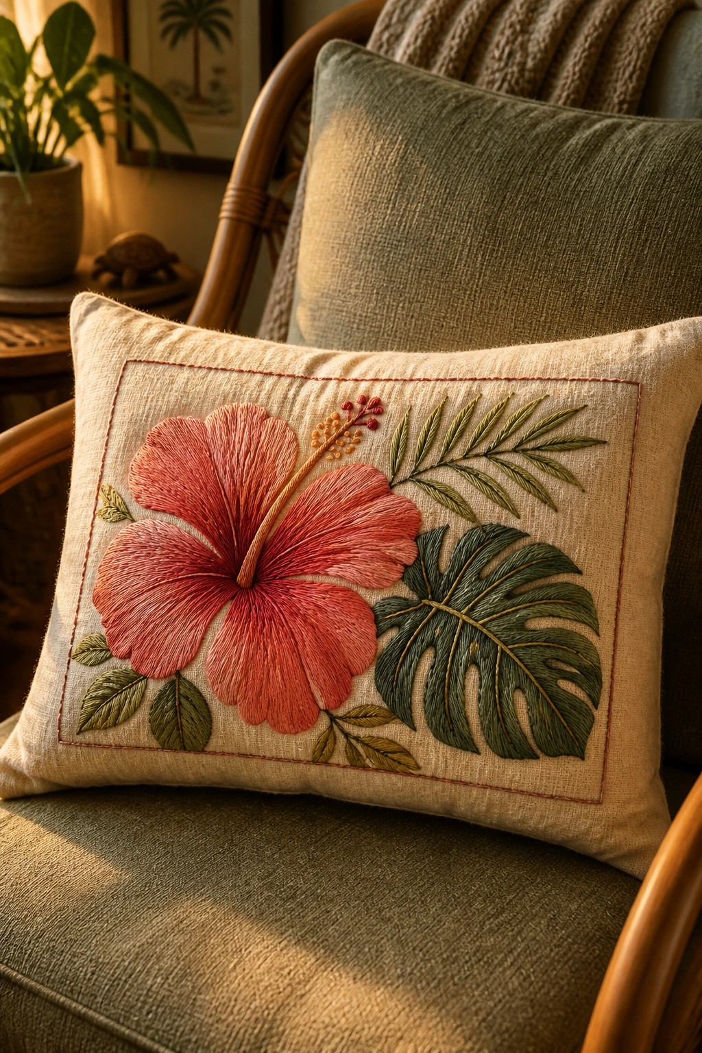 Beige embroidered pillow with red hibiscus flower and green tropical leaves on chair